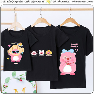 ÁO THUN UNISEX Hải Ly Loopy Pororo PHÔNG ĐEN TAY NGẮN NAM NỮ TRẺ EM TRAI GÁI AOMIVN