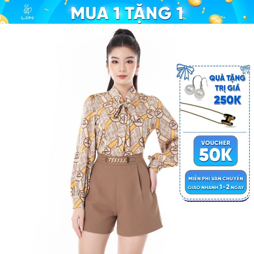 Áo kiểu linbi phối viền vàng be thiết kế mix cổ nơ kèm họa tiết xinh xắn liin clothing A2314