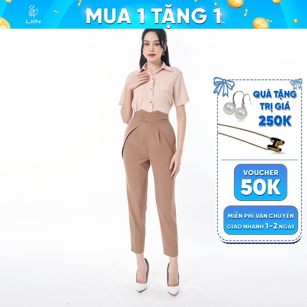 Quần baggy nữ linbi cách điệu cạp màu nâu mix cúc chéo trẻ trung, mặc tôn dáng liin clothing Q3453