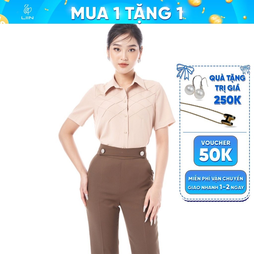 Áo sơ mi nữ cộc tay linbi cao cấp chất vải đũi cộc tay màu nâu phong cách thanh lịchLiin Clothing SM4384