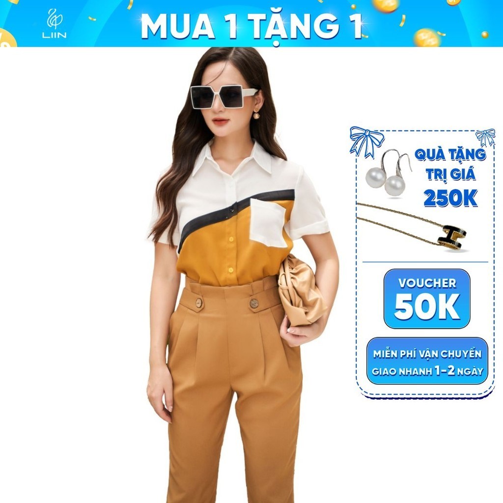 Áo sơ mi cộc tay linbi chất vải đũi màu vàng viền đen thiết kế trẻ trung, thời thượng liin clothing SM4447