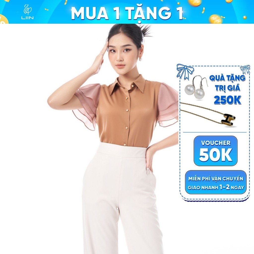 Áo sơ mi linbi chất vải lụa màu nâu thiết kế tay bèo kiểu dáng trẻ trung, dễ mix đồ liin clothing SM4351