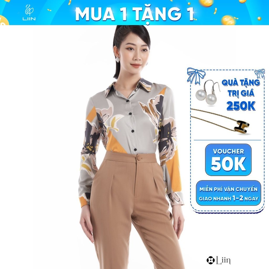 Áo sơ mi dài tay linbi màu ghi họa tiết hoa viền cam phá cách kiểu dáng thời thượng liin clothing SM4243