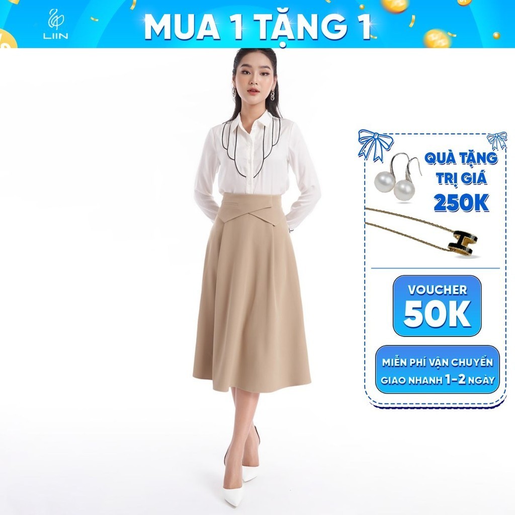 Chân váy dáng suông linbi màu nâu be mix cạp chéo xinh xắn, dễ phối đồ liin clothing J4306