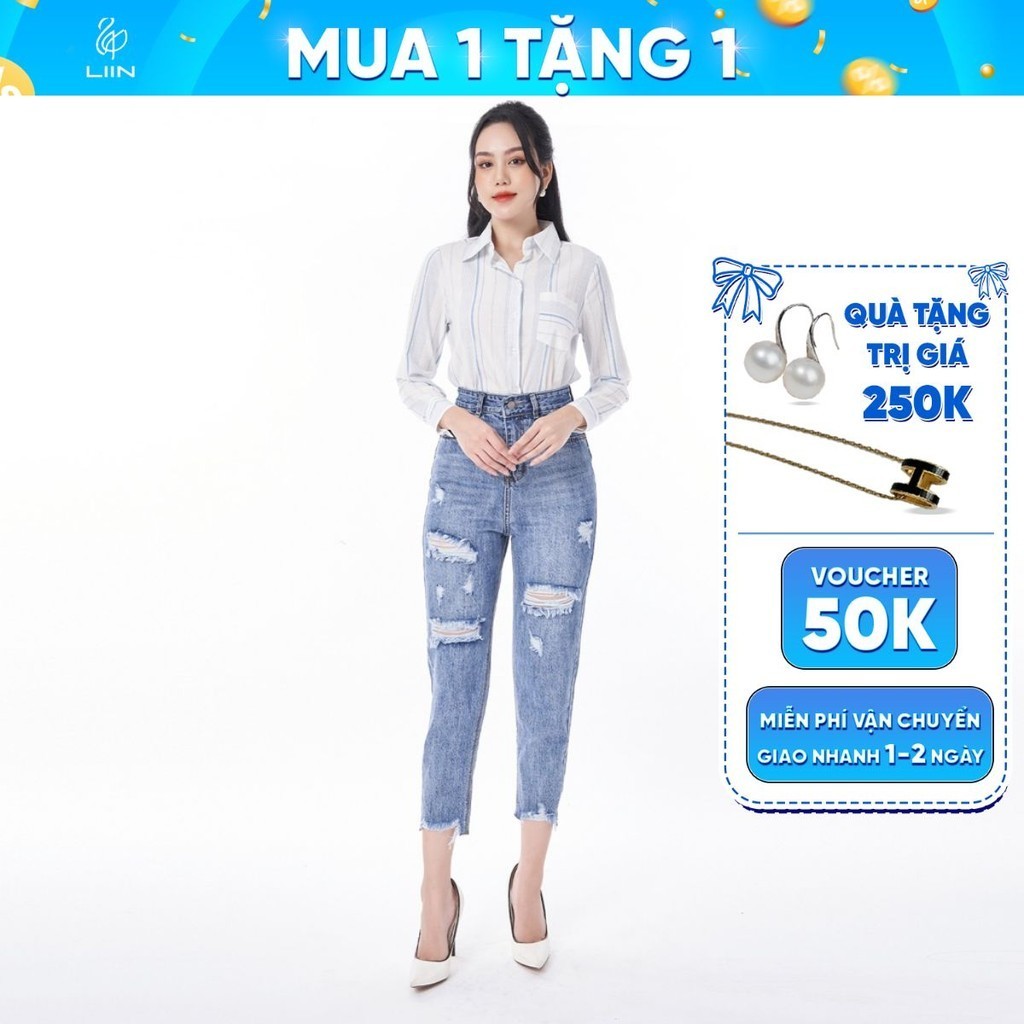 Quần jean linbi phối rách gấu kiểu dáng trẻ trung, năng động mặc thoải mái liin clothing Q3520