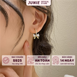  Bông Tai Bạc Mạ Vàng JUNIE Đính Đá Họa Tiết Chiếc Nơ Độc Đáo Dáng Móc Thanh Lịch E-NOEMI 