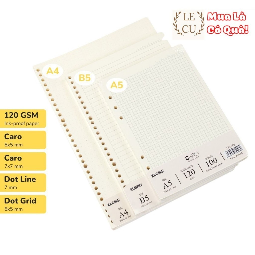 [Siêu Sale] Ruột sổ còng giấy refill KLONG 100/ 120GSM Caro - Dot Line - Dot Grid A5 B5 A4 200 trang