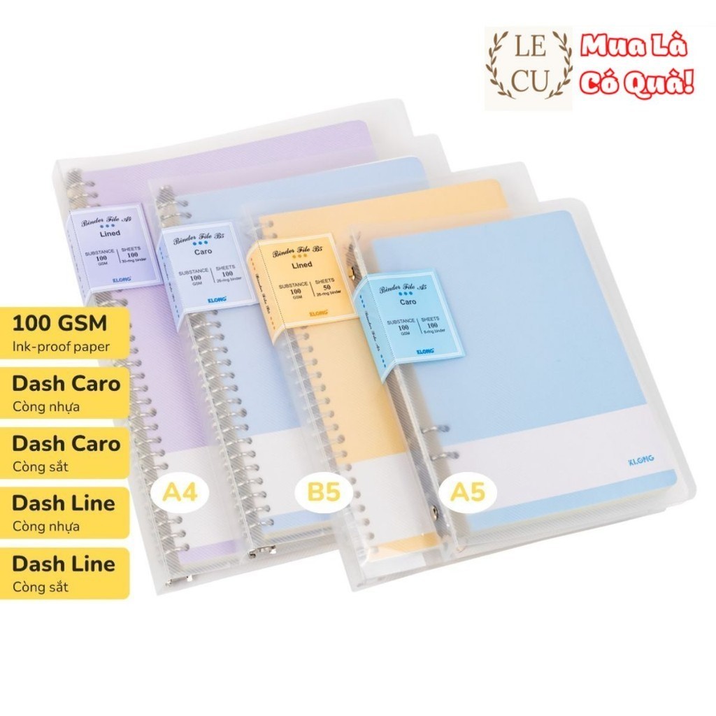   Siêu Sale  Sổ còng KLONG  giấy định lượng 100GSM Dash Caro -  Dash Line   sổ nét đứt  A5 B5 A4 