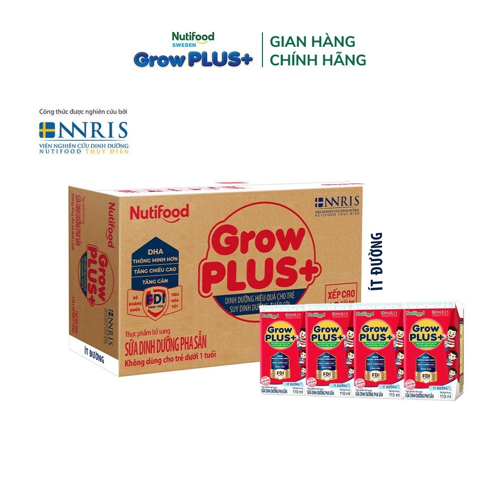 Thùng Sữa Bột Pha Sẵn Nutifood GrowPLUS+ ít đường Suy Dinh Dưỡng - Trên 1 Tuổi - Tăng Cân, Tăng Chiều Cao (48 Hộp x 110m