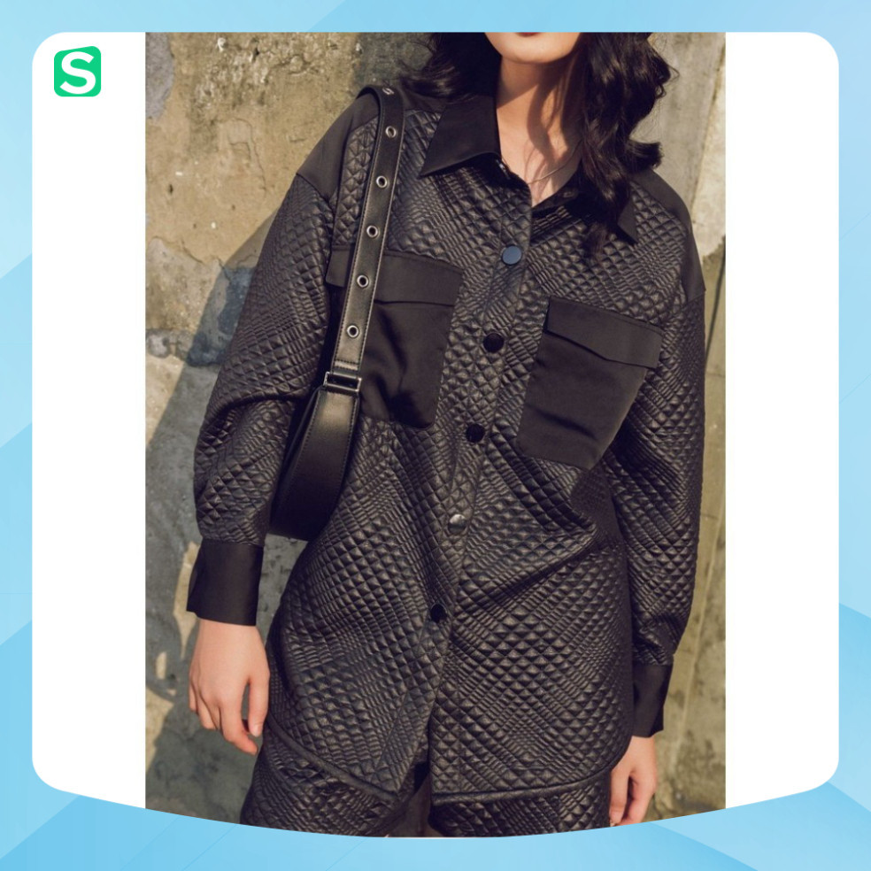 Xả Aó khoác đen trần bông quả trám phối lụa thiết kế Elise FF2307144OCWOBK - Coca Shop