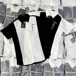 Áo sơ mi cộc tay nam nữ soái ca trắng đen chất cotton áo somi cộc tay đen trắng phối 2 màu