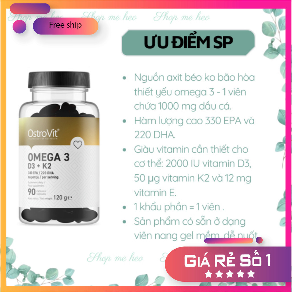 Omega 3 D3+K2 OstroVit 90 viên 180 viên cung cấp DHA EPA vitamin E hỗ trợ tim mạch, não bộ, giúp xương chắc khỏe Dược Mỹ