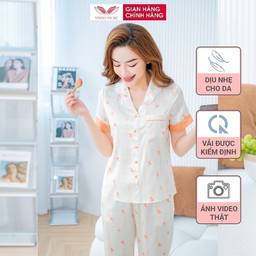 Đồ bộ nữ pijama mặc nhà lụa cao cấp mùa Thu VINGO tay ngắn quần dài dáng suông viền ren màu cam thanh lịch H844 VNGO