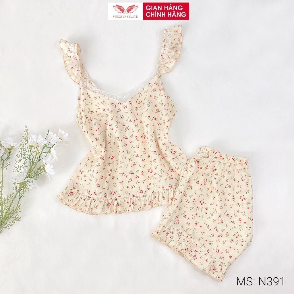 Bộ đồ ngủ nữ 2 dây pijama mặc nhà tơ đũi mùa hè VINGO áo hai dây quần đùi hoạ tiết hoa nhí dễ thương N391 VNGO