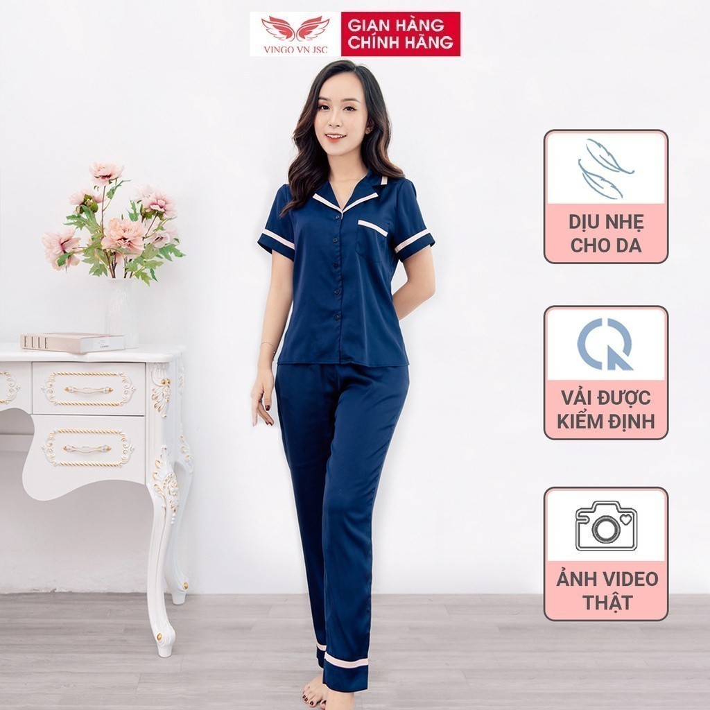 Đồ bộ mặc nhà Pijama lụa mặc nhà cao cấp VINGO tay ngắn quần dài phối viền thanh lịch H390 VNGO