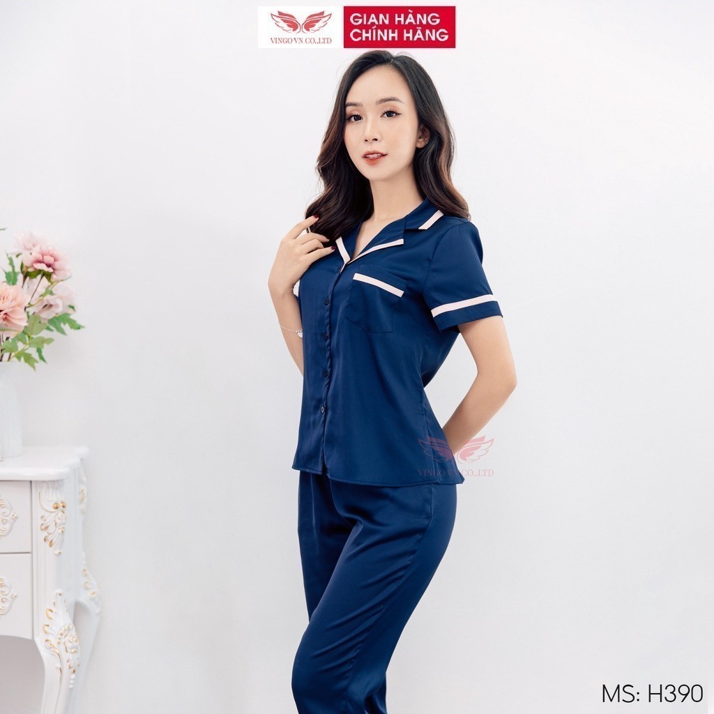 Đồ bộ mặc nhà Pijama lụa mặc nhà cao cấp VINGO tay ngắn quần dài phối viền thanh lịch H390 VNGO