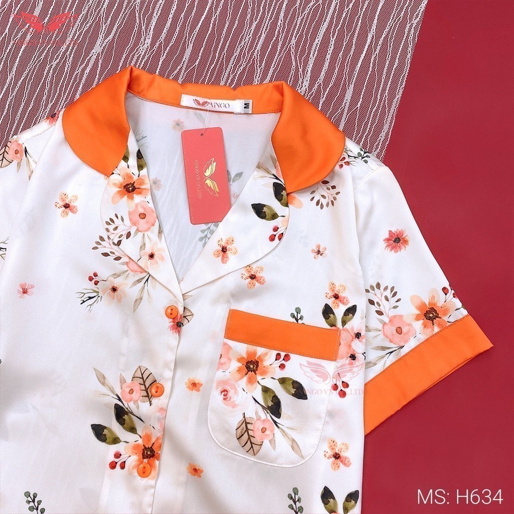 Pijama lụa đồ bộ ngủ mặc nhà cao cấp mùa hè VINGO tay ngắn quần lửng hoa cam nền be thanh lịch H634 VNGO