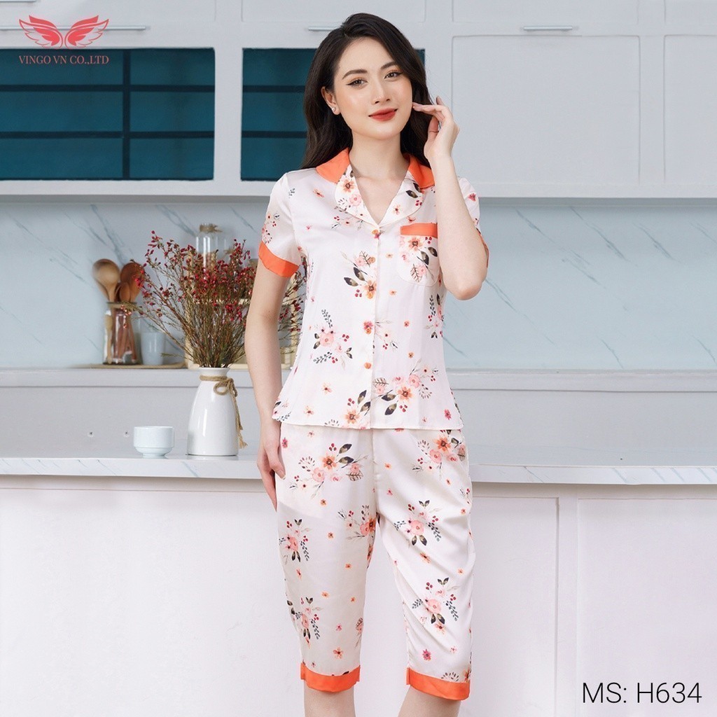 Pijama lụa đồ bộ ngủ mặc nhà cao cấp mùa hè VINGO tay ngắn quần lửng hoa cam nền be thanh lịch H634 VNGO