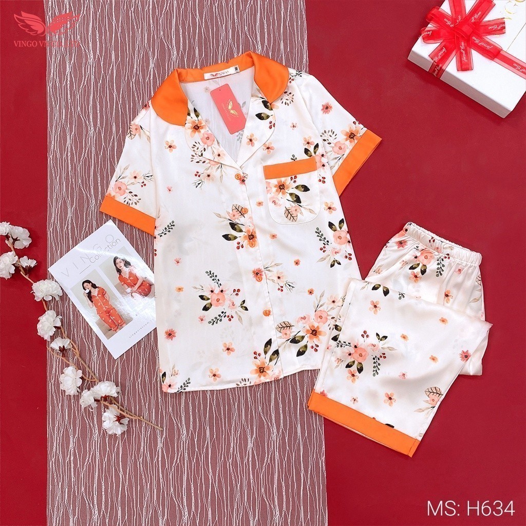 Pijama lụa đồ bộ ngủ mặc nhà cao cấp mùa hè VINGO tay ngắn quần lửng hoa cam nền be thanh lịch H634 VNGO