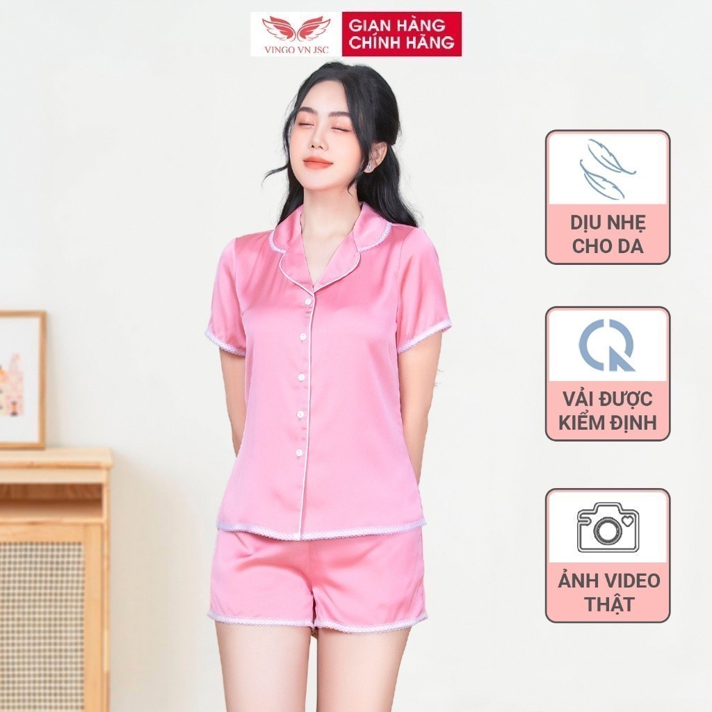 Đồ bộ nữ Pijama nữ lụa Pháp mềm mát cho mùa hè VINGO tay cộc quần cộc phối viền ren trắng tinh tế nhiều màu H690 VNGO