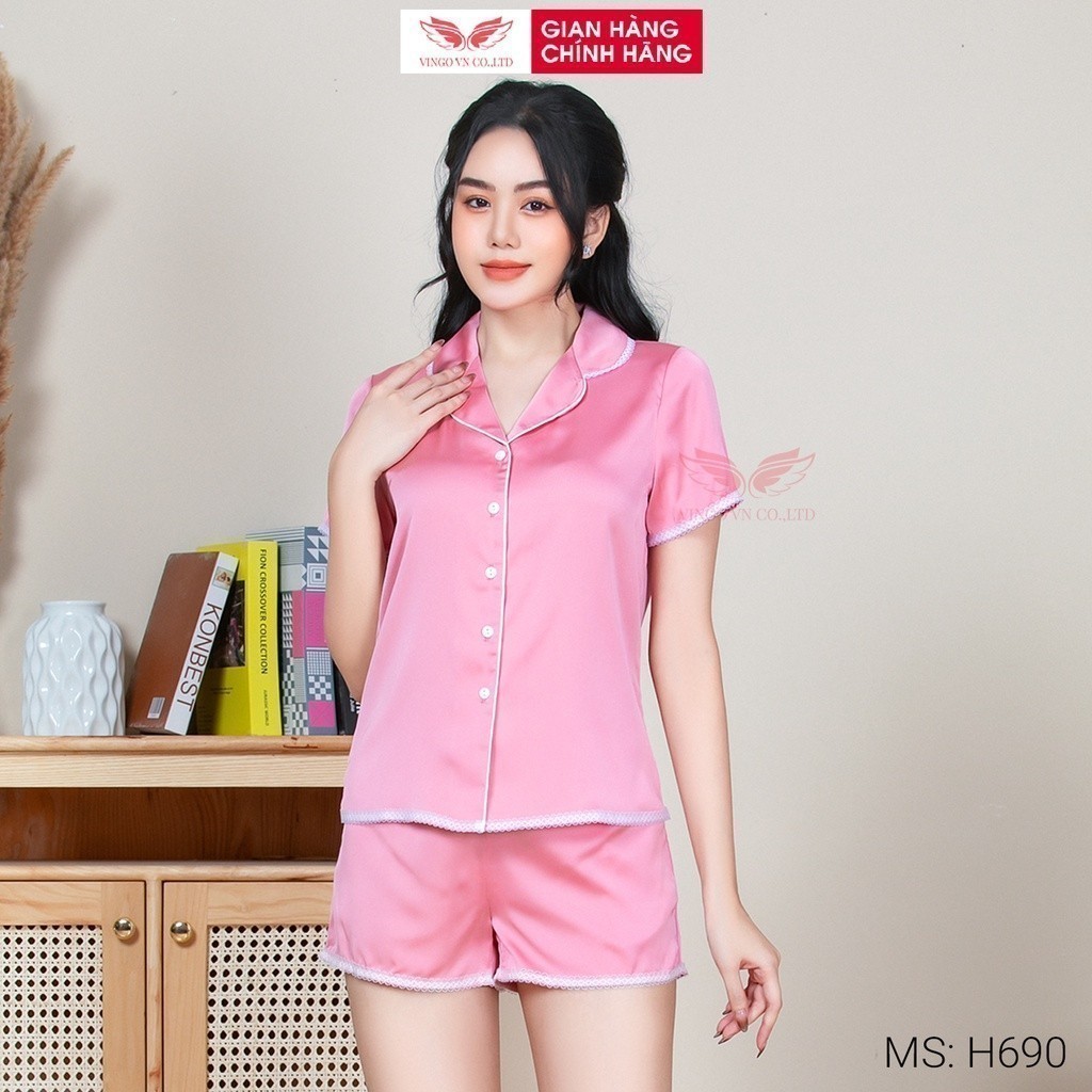 Đồ bộ nữ Pijama nữ lụa Pháp mềm mát cho mùa hè VINGO tay cộc quần cộc phối viền ren trắng tinh tế nhiều màu H690 VNGO