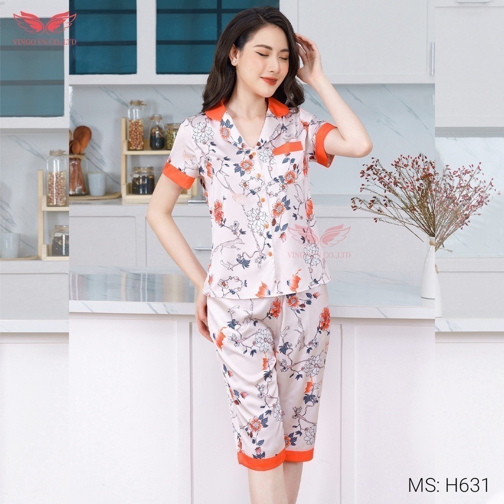 Pijama lụa đồ bộ ngủ mặc nhà cao cấp mùa hè VINGO tay ngắn quần lửng hoa cam dễ thương H631 VNGO