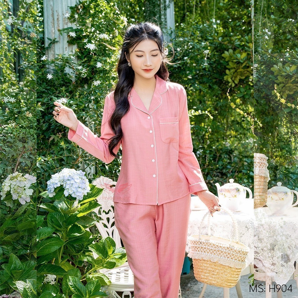 Đồ bộ nữ pijama mặc nhà đũi cao cấp mùa Thu Đông VINGO tay dài quần dài 2 màu xanh hồng H904 VNGO