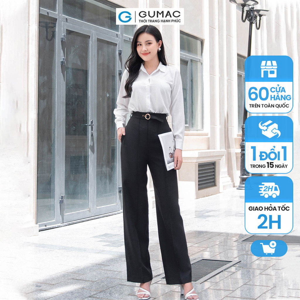 Quần tây công sở dáng suông GUMAC QD09021 lưng cao kèm dây thắt lưng sang trọng