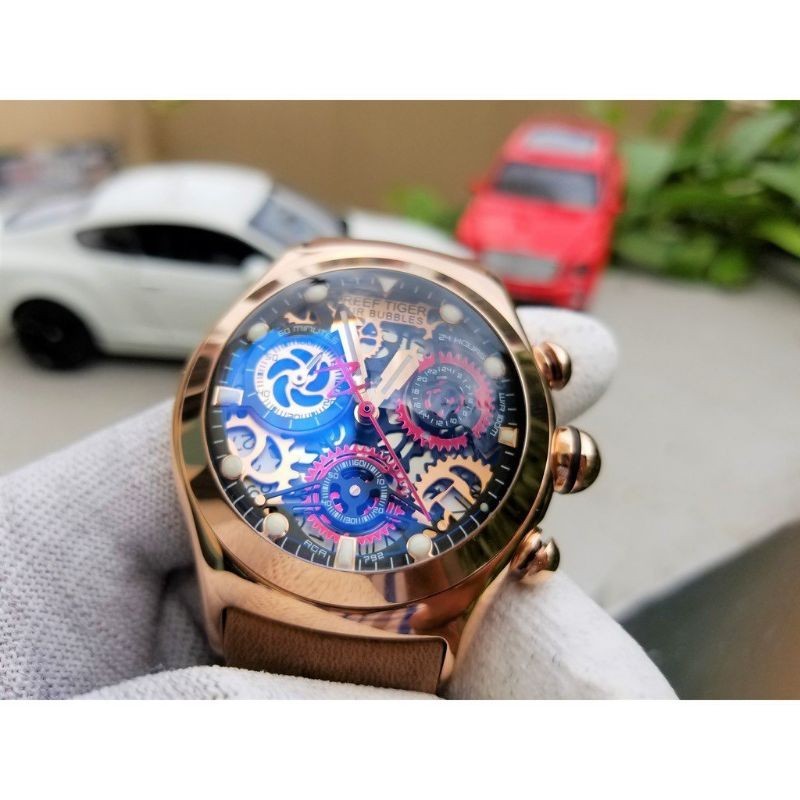 [Chính Hãng 100%] Đồng Hồ Nam Reef Tiger RGA792 (792) Máy Cơ (Automatic) Kính Sapphire Mặt Tròn Siz 42mm Dây Da Nâu Rose