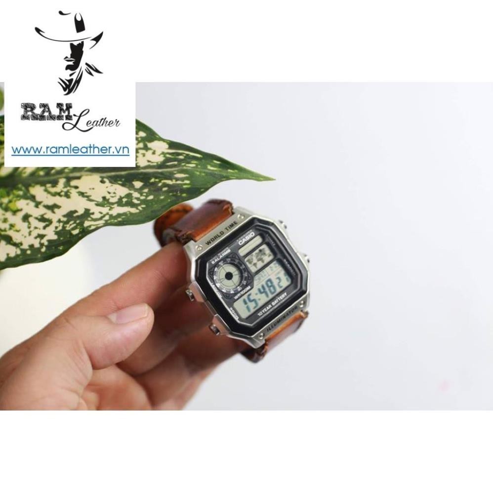 (CHẤT) Dây đồng hồ da bò thật cho Seiko 5 / Ca sio AE 1200 WHD / Ca sio AE 1200 WH / Ca sio 1200WHD 