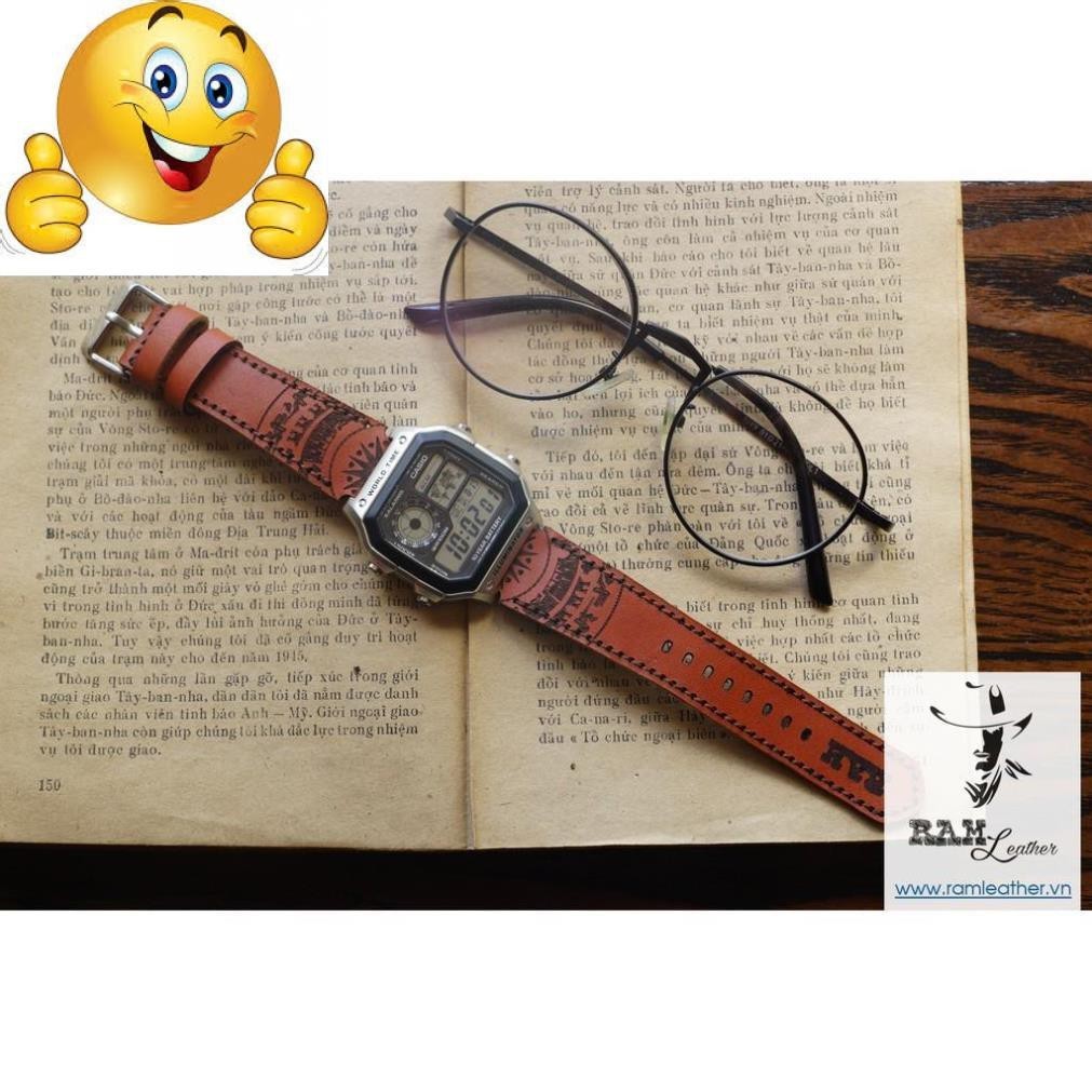 (TẶNG FULL PHỤ KIỆN )DÂY CASIO AE1200 TRỐNG ĐỒNG DA BÒ Ý VEGTAN NÂU ĐỎ - R A M TRADITIONAL VEGTAN  -