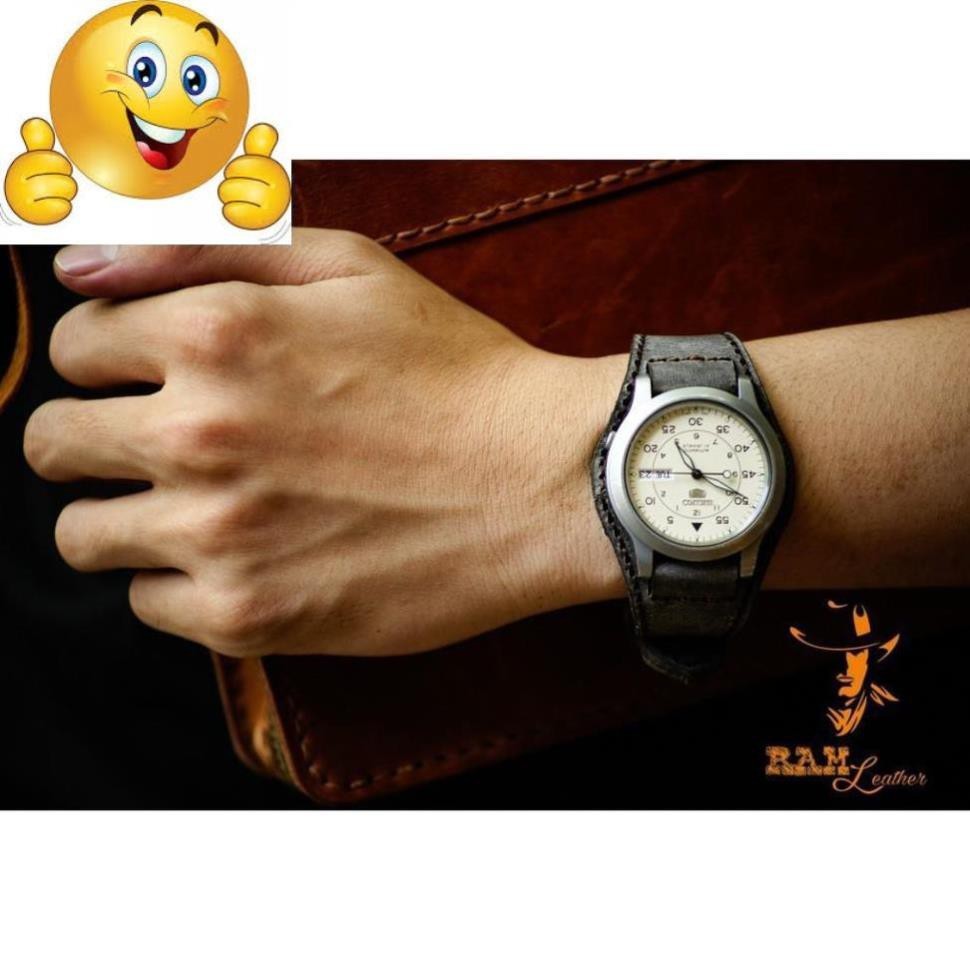 Dây đồng hồ - da bò thật - xám than lục quân Đức - RAM Bundstrap bx xám -size casio ae1200 - chính h