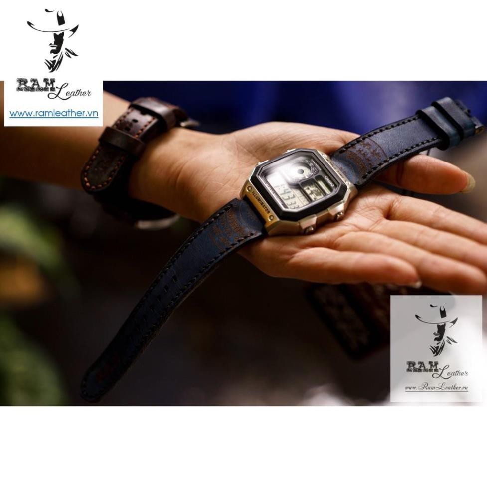 DÂY ĐỒNG HỒ CASIO AE1200/SEIKO5 DA BÒ THẬT XANH NAVY TRỐNG ĐỒNG . (TẶNG FULL PHỤ KIỆN)