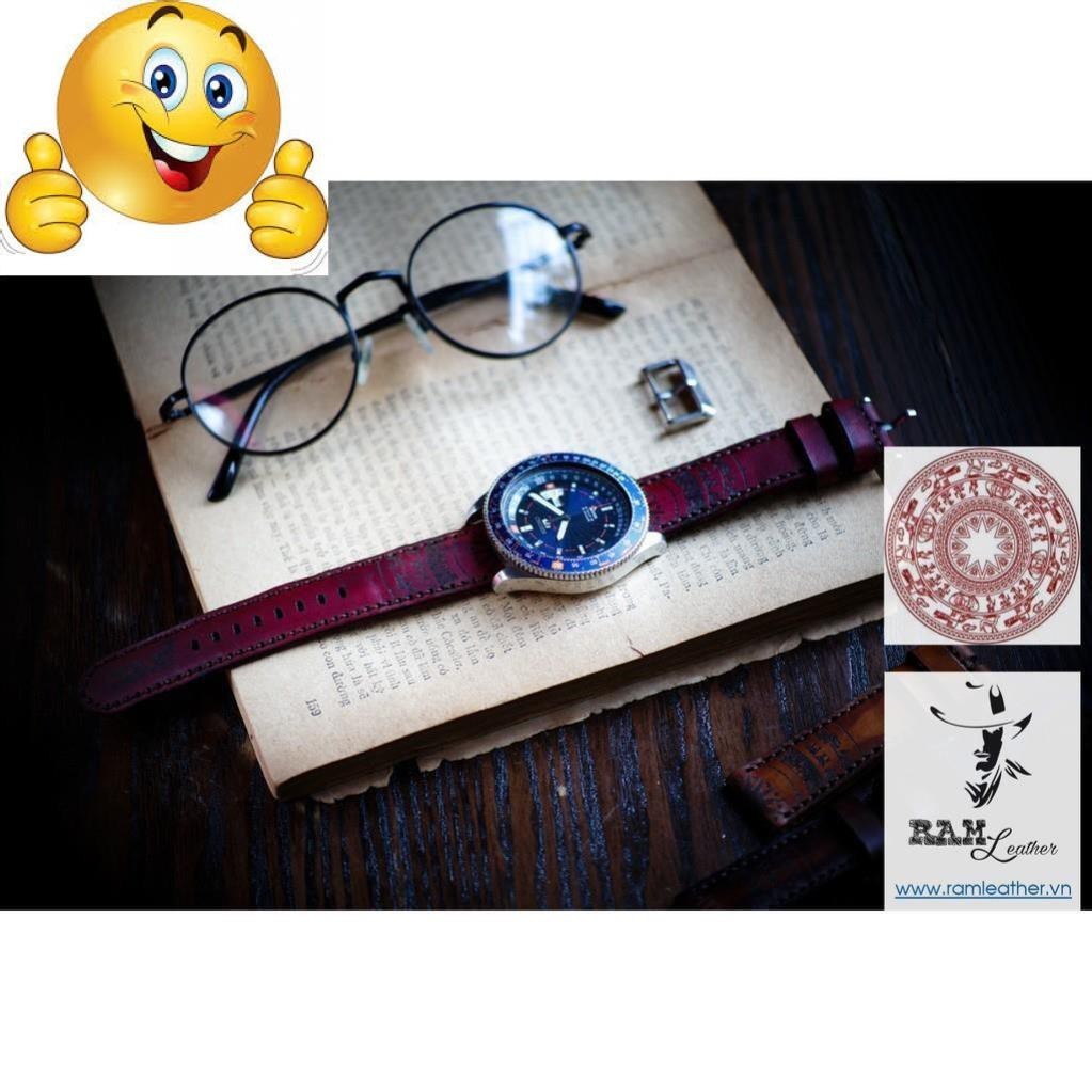 DÂY ĐỒNG HỒ DA BÒ TRỐNG DỒNG VEGTAN BURGUNDY ĐỎ - DA BÒ THẬT - CASIO AE1200/SEIKO5 .