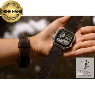 Dây đồng hồ da bò thật casio ae1200/seiko5 da bò 1953 nâu đen sáp .