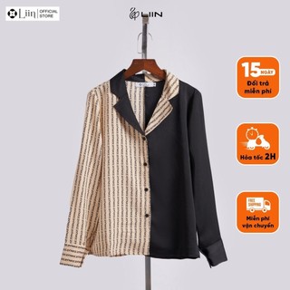 LIIN - Áo sơ mi màu đen họa tiết chữ cổ vest LINBI SM3060