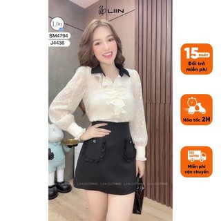 Áo sơ mi dài tay ren bèo cổ đen linbi sm4794