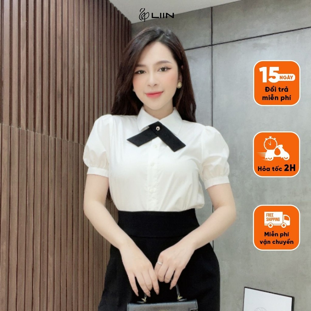 Áo sơ mi nữ cộc tay trắng Liin Clothing phối nơ đen thiết kế sang trọng thanh lịch - SMC103SWH-S23