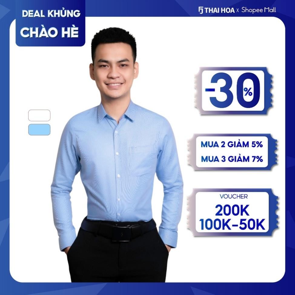 Áo sơ mi nam trung niên thiết kế dài tay 2 màu trắng xanh Thái Hoà ASM0101-R05