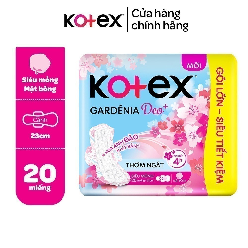 Băng vệ sinh KOTEX Gardenia Deo+ - Hoa Anh Đào siêu mỏng cánh 23cm 20 miếng