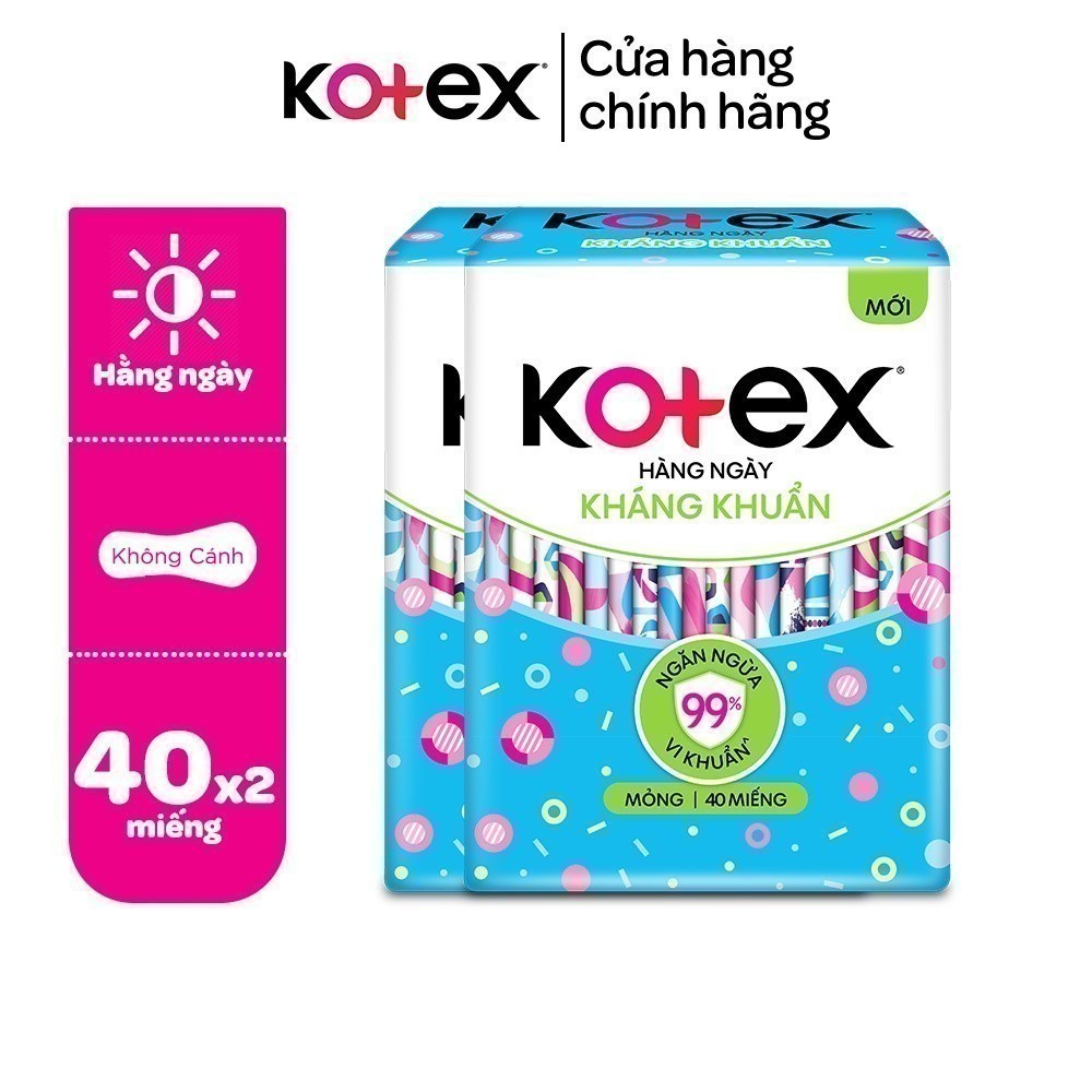 Combo 2 gói băng vệ sinh Kotex hằng ngày kháng khuẩn 20 miếng/40 miếng