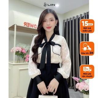Áo Nữ Dài Tay Phối Nơ Viền Đen Thanh Lịch Vải Mềm Mại Chống Nhăn Liin Clothing - AKD503PRI - S24