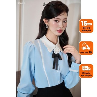 Áo Dài Tay Nữ Phối Hoa Cài Cổ Xanh Blue Thiết Kế Tiểu Thư Nhẹ Nhàng SMD378SBL-S24