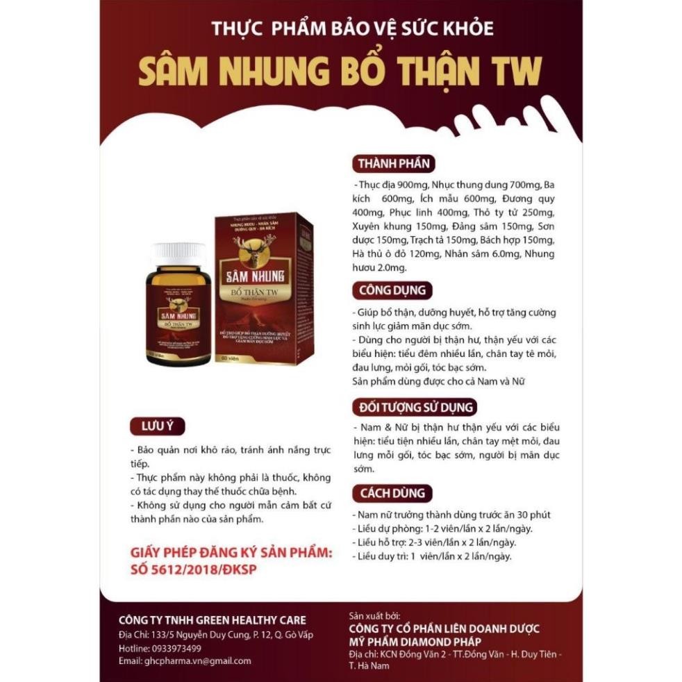 Sâm nhung bổ thận TW giúp hỗ trợ giảm đau lưng mỏi gối, tiểu nhiều lần, tăng cường sinh lí