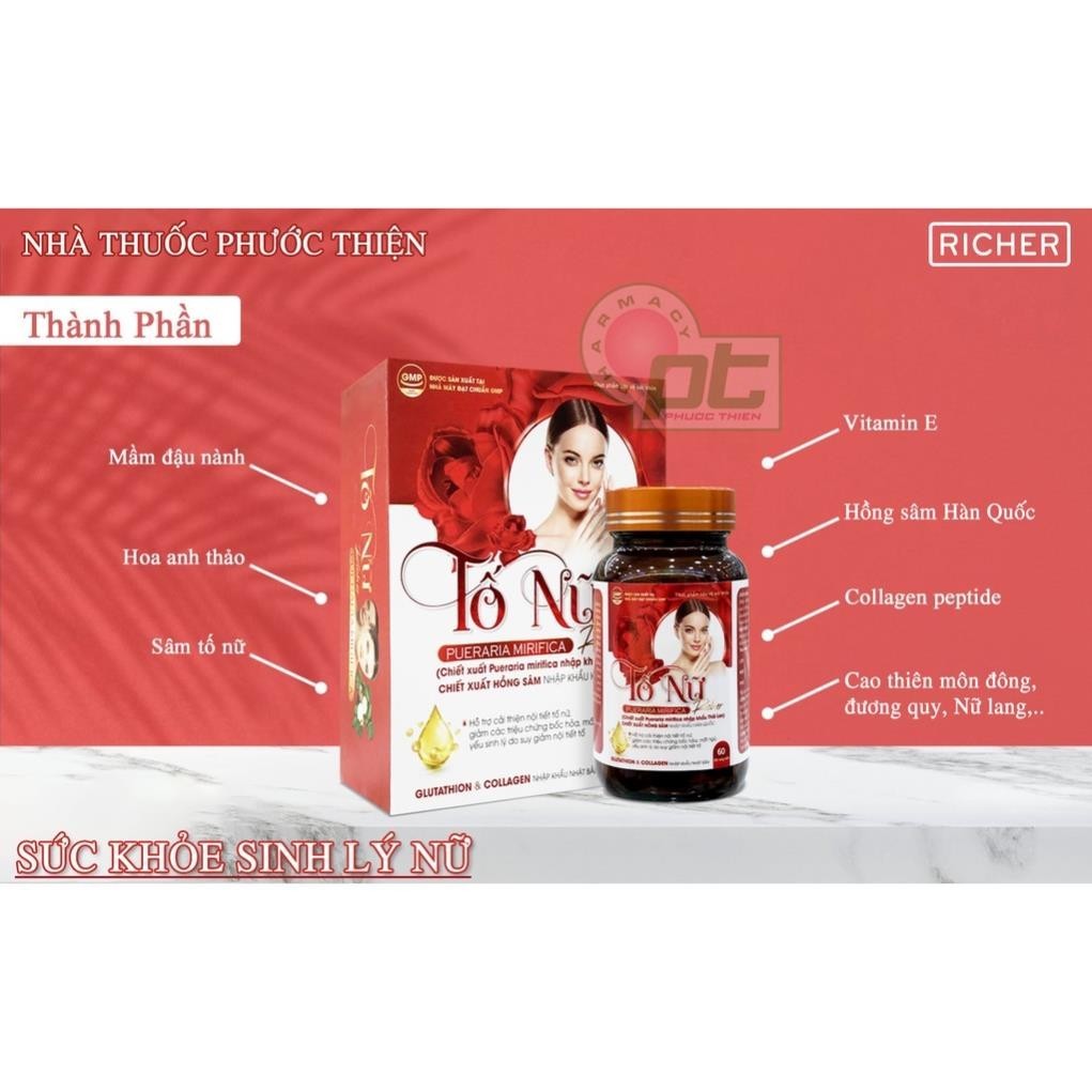 Sâm Tố Nữ Richer hỗ trợ nội tiết tố nữ, đẹp da, ngăn lão hóa, cải thiện sinh lý nữ lọ 60 viên