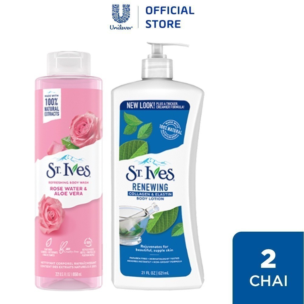 Combo Sữa tắm Hoa Hồng và Lô Hội 650ml & Sữa dưỡng thể St.Ives collagen trẻ hoá da 621ml