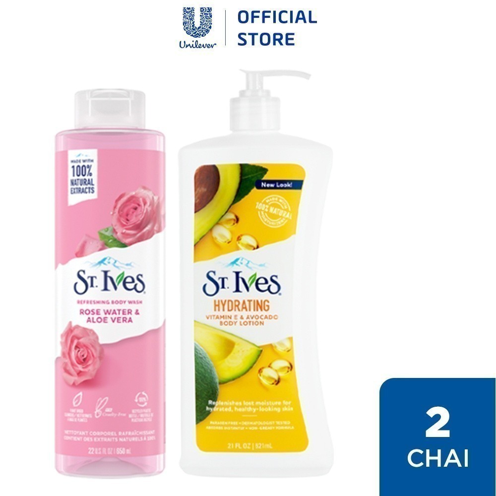 Combo Sữa tắm Hoa Hồng và Lô Hội 650ml & Sữa dưỡng thể St.Ives E và bơ 621ml