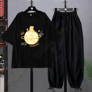 Sét Áo Gấu travle Mix quần bom chun, Áo thun from rộng, Chất đẹp không xù, quần suông ống rộng -DVGIT
