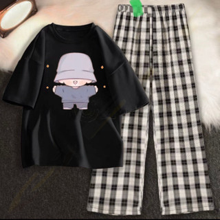 Sét áo phông Cậu bé mũ xám Mixquần karo màu, Áo thun from rộng, Chất đẹp không xù, quần suông ống rộng -DVGIT