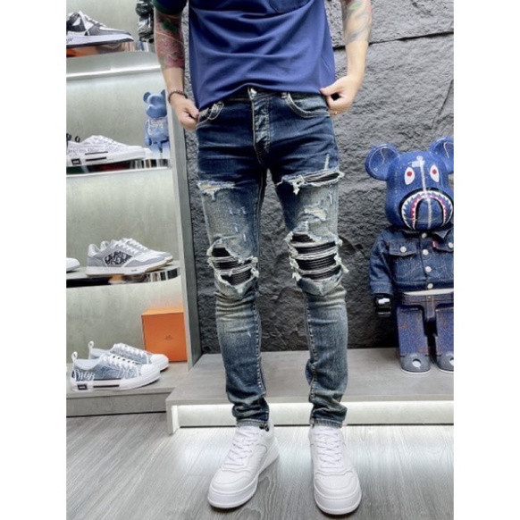 O4 Quần JEAN Nam Boy Phố AMIRI Slimfit xanh khói rách tua lót da Quần bò Amiri vá nhiều da đen bản đẳng cấp nhất 2025